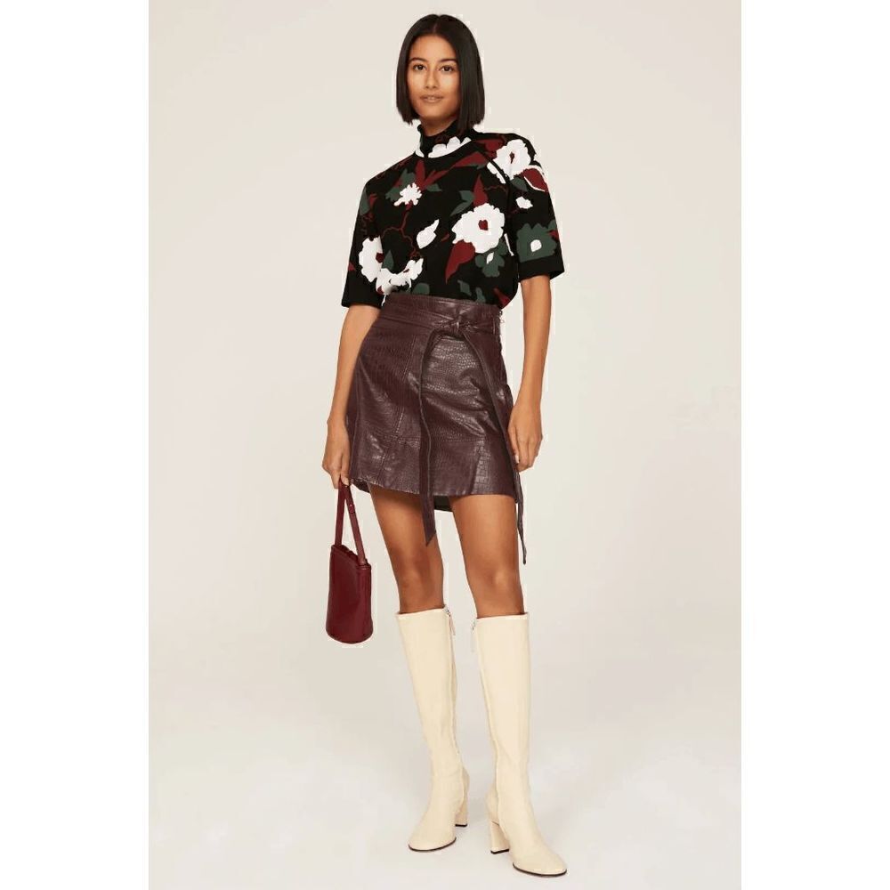 TANYA TAYLOR Courtney Croc Embossed Faux Leather Skirt Cabernet Brown Size 8‎